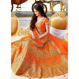 Orange & Golden Color Weightless Georgette Party Wear Heavy Embroidered Designer Lehenga Choli For Women