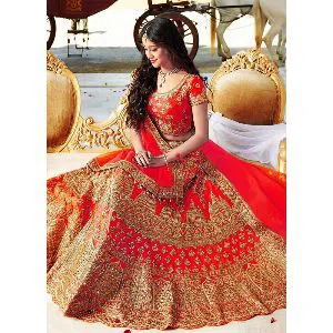 Red & Golden Color Weightless Georgette Party Wear Heavy Embroidered Designer Lehenga Choli For Women