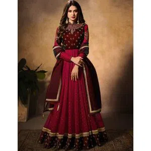  Shiny Maroon Color Weightless Georgette Party Wear Heavy Embroidered Designer Anarkali Suits For Women