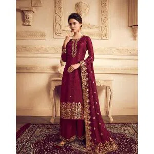 Glossy Maroon Color  Weightless Georgette Party Wear Embroidered Designer Salwar Kameez Suits For Women