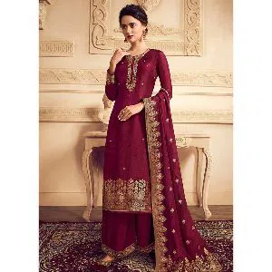 Glossy Maroon Color  Weightless Georgette Party Wear Embroidered Designer Salwar Kameez Suits For Women