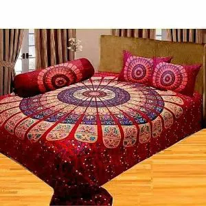 Cotton Double Size Bedsheet with 2 Pillow Cover and 1 Bolster Cover (Kolbaish er Cover)