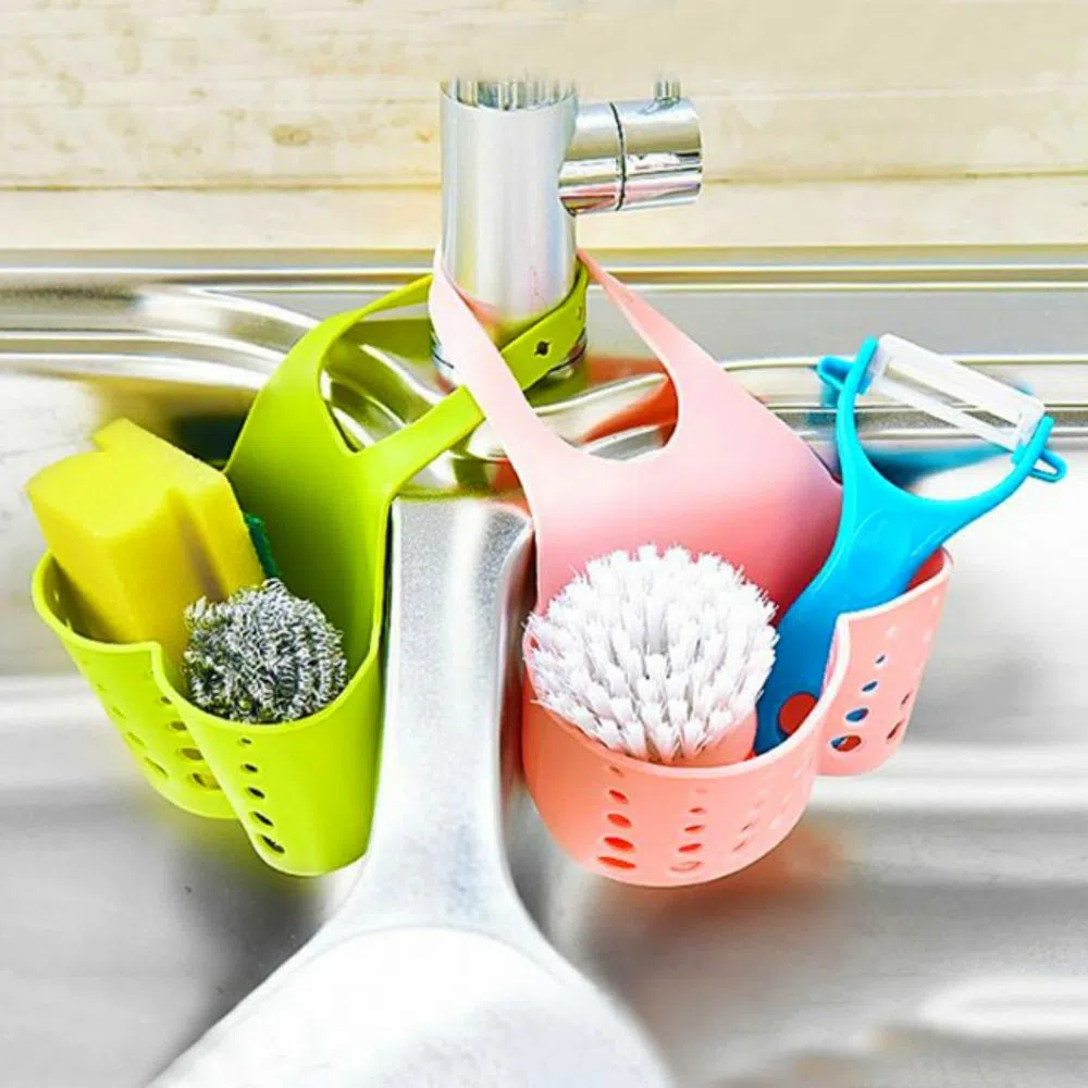 MULTICOLOR-Sink Sponge Holder, Kitchen Organiser Sink Caddy Drain Basket Hanging Strainer Organizer Storage Bag, Dish Cleaning Sponge Holder Soap Disp