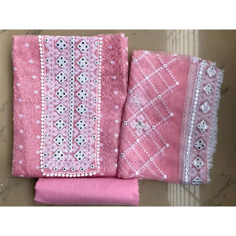 Unstitched Indian Floral Silk Kota Afsana 3pcs (Pink)