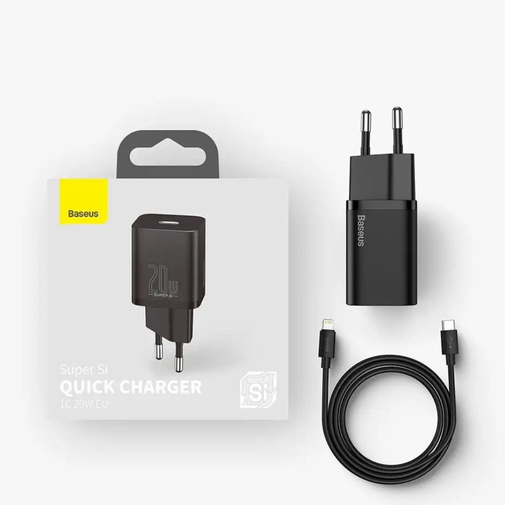 Baseus Super Si 1C PD Fast Wall Charger with Type C to Lightning Cable 1m Black