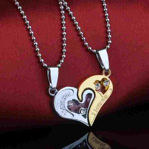 2PCS I Love You Gold Silver Plated Two Heart Pendant Necklace-jw5008