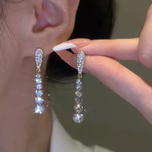 2024 New Fashion Zircon Inlaid Gold Color Long Tassel Earrings for Women Wedding Jewelry Birthday Gifts-596