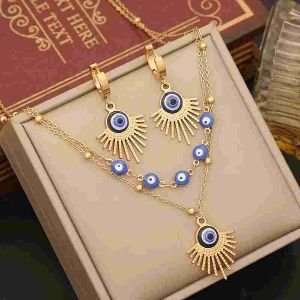 Eye Pattern Golden Double Necklace and Earring Set - 667