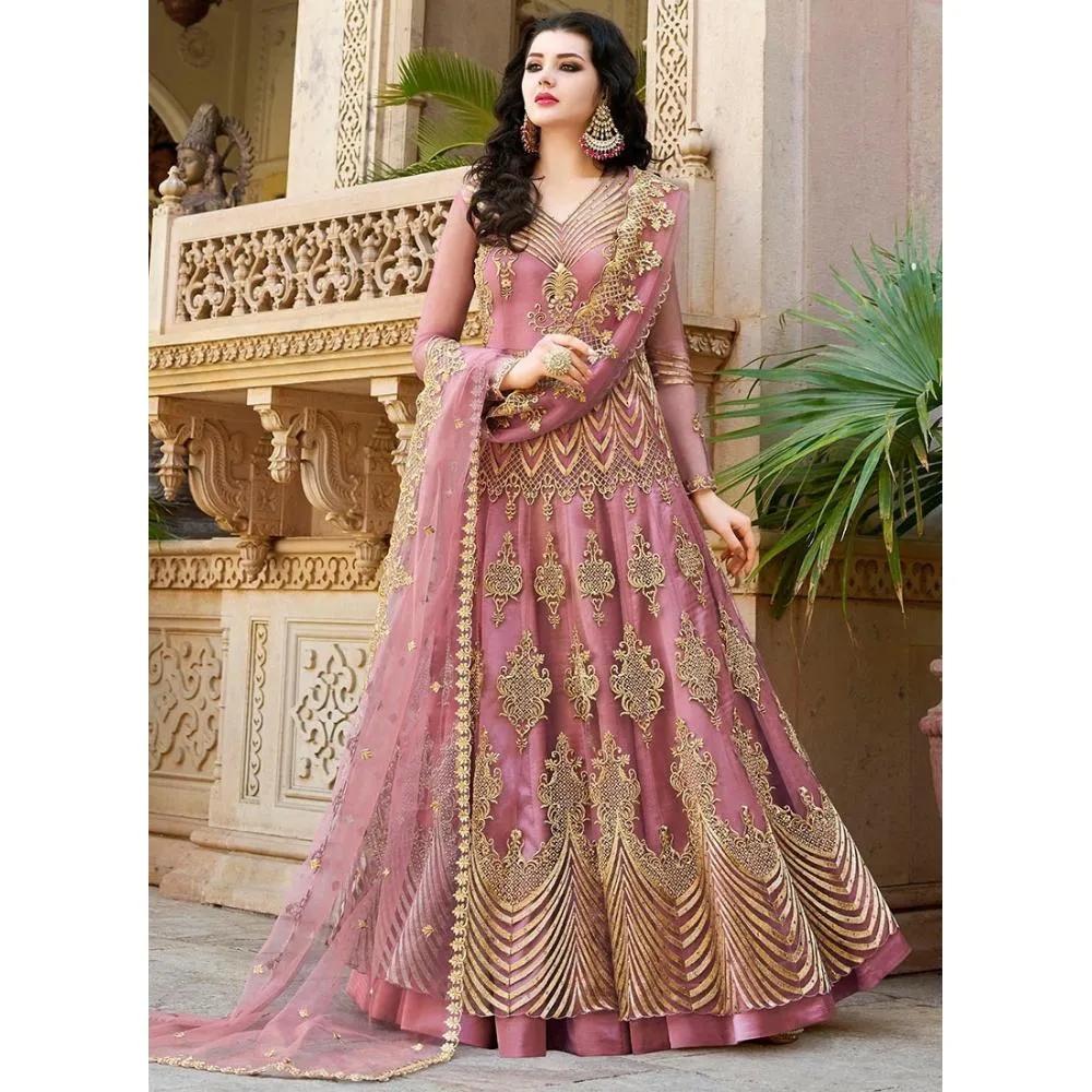Semi-stitched Tissue Anarkali Dress Long Floor Touch Party Dress for Women