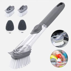 2 in 1 Kitchen Cleaning Brush Long Handle Automatic Liquid Sponge Dispenser Dishwashing Sponge Cleaner Household Cleaning Tools