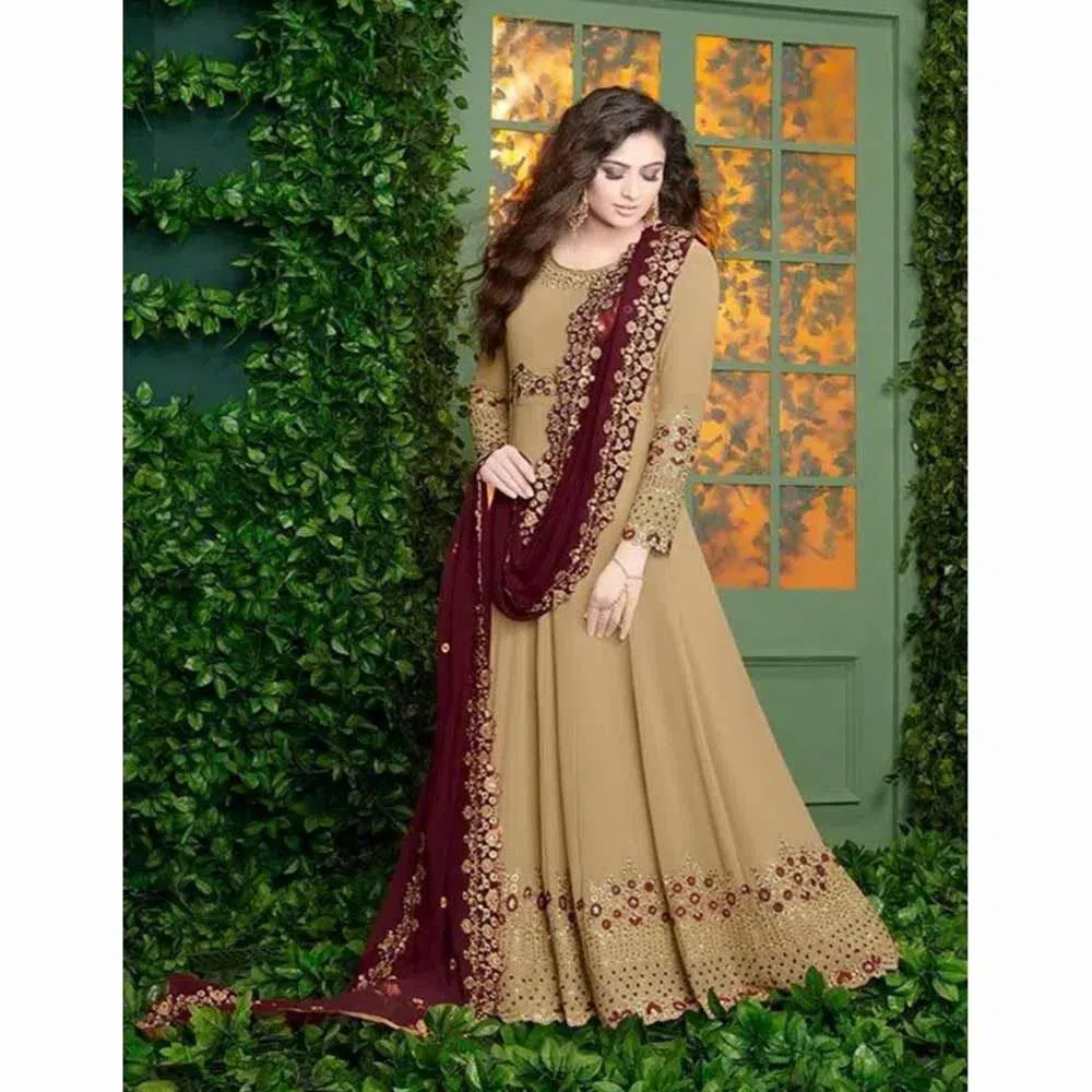 Indian Weightless Georgette Colour Three Pice With Embroidery Work (Brown)