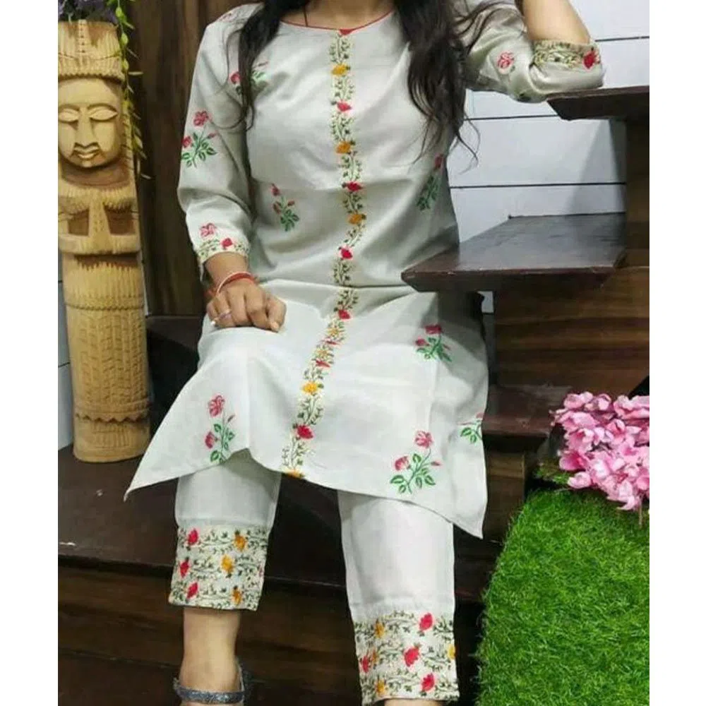 White Color Semi-Stitched Linen Ladies Long Casual Kurti two piece (C2)