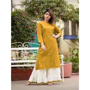 Yellow Colour Semi-Stitched Linen Ladies Long Casual Kurti two piece (C2)