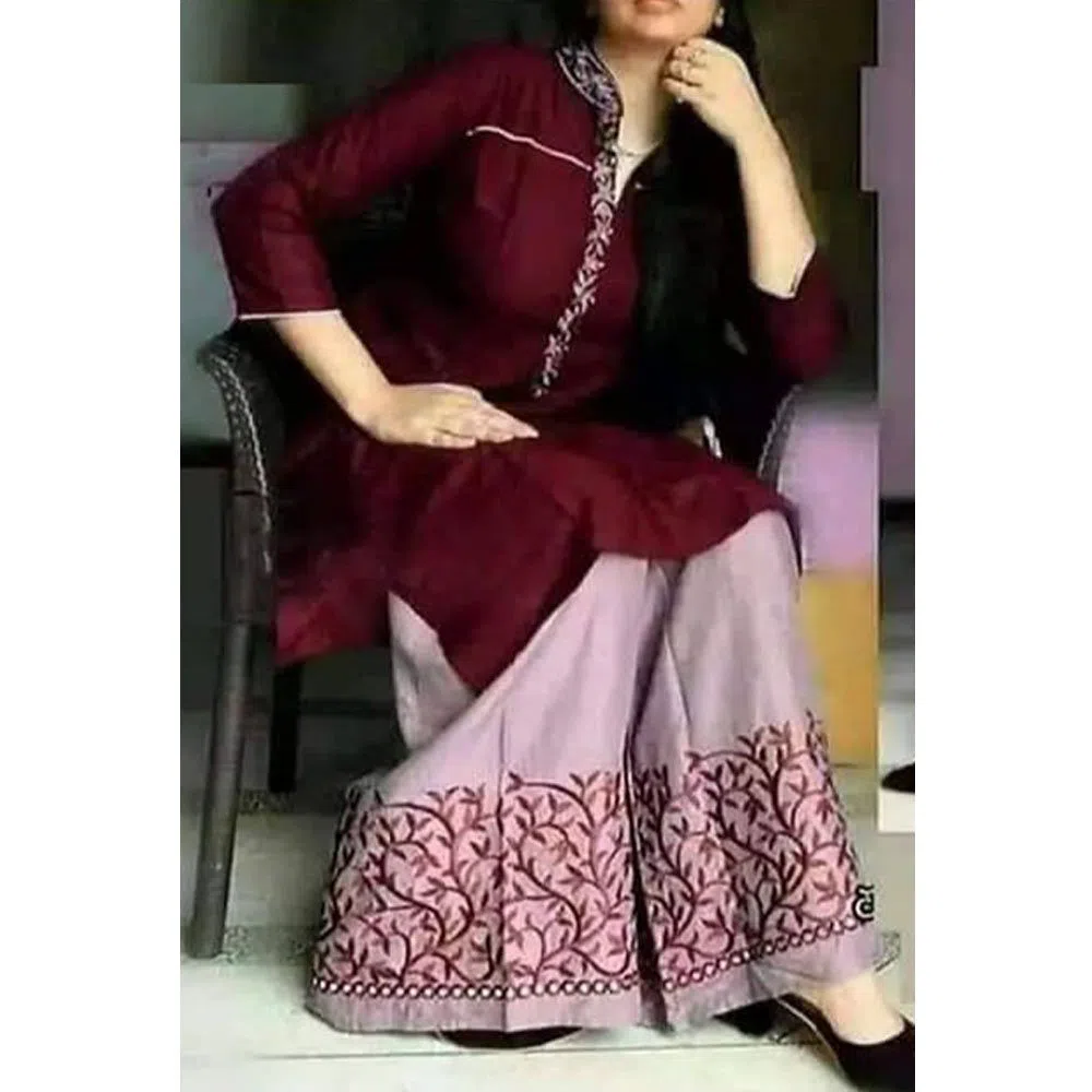 Maroon Colour Semi-Stitched Linen Ladies Long Casual Kurti two pice (C3)