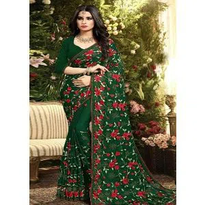 Green Color Indian Weightless Georgette Sharee With Blouse pice