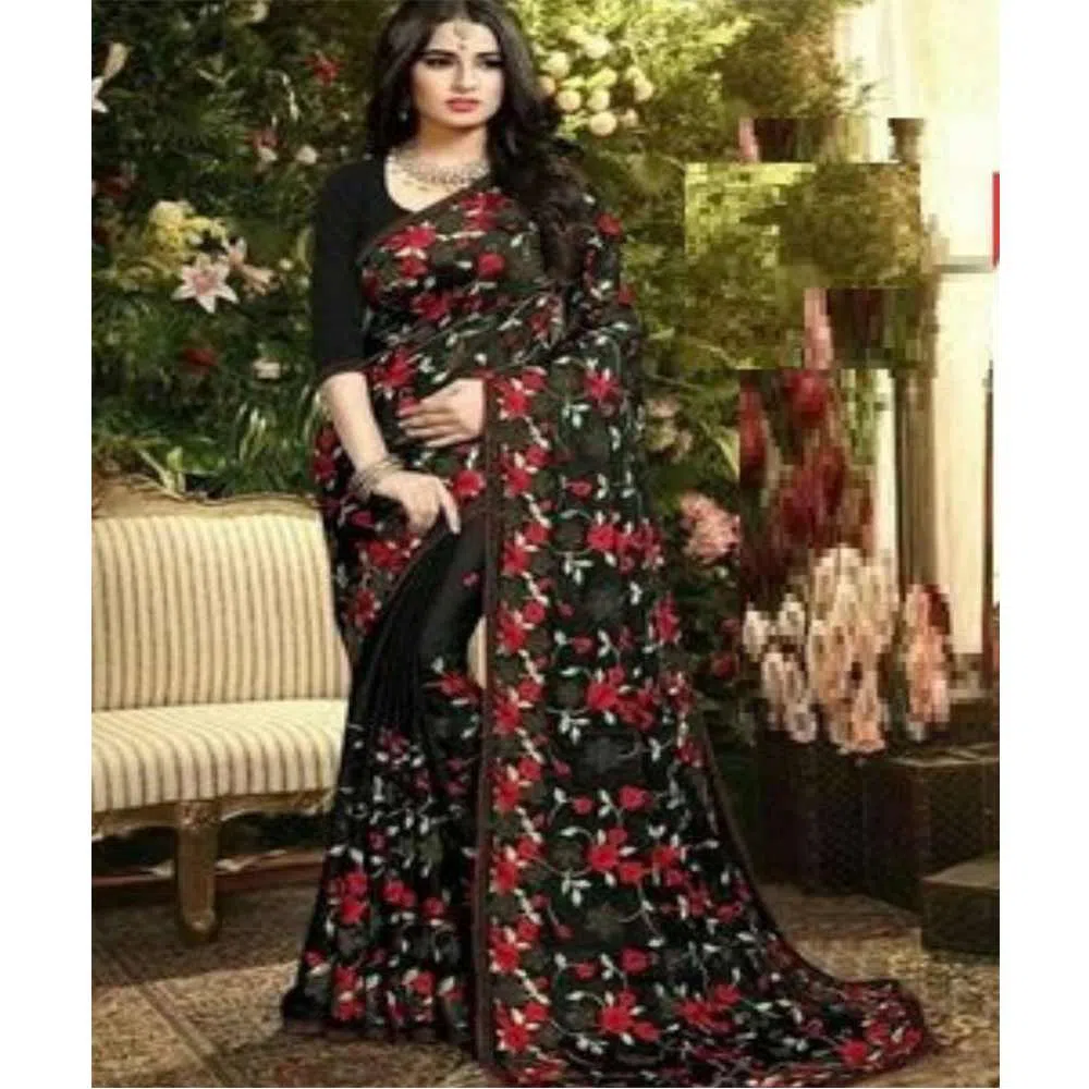 Black Color Indian Weightless Georgette Sharee With Blouse pice