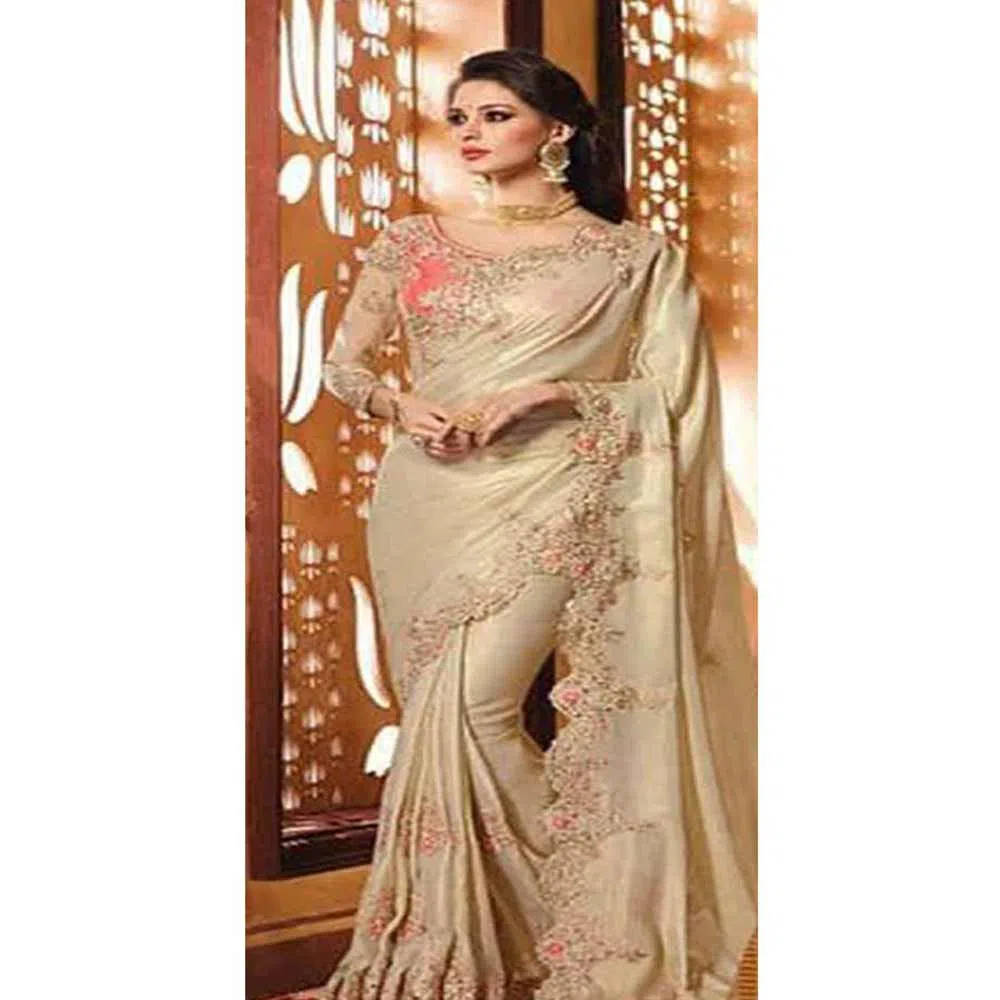Cream Color Indian Weightless Georgette Sharee With Blouse pice
