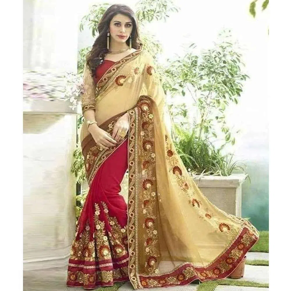 Golden and Red Color Indian Weightless Georgette Sharee With Blouse pice