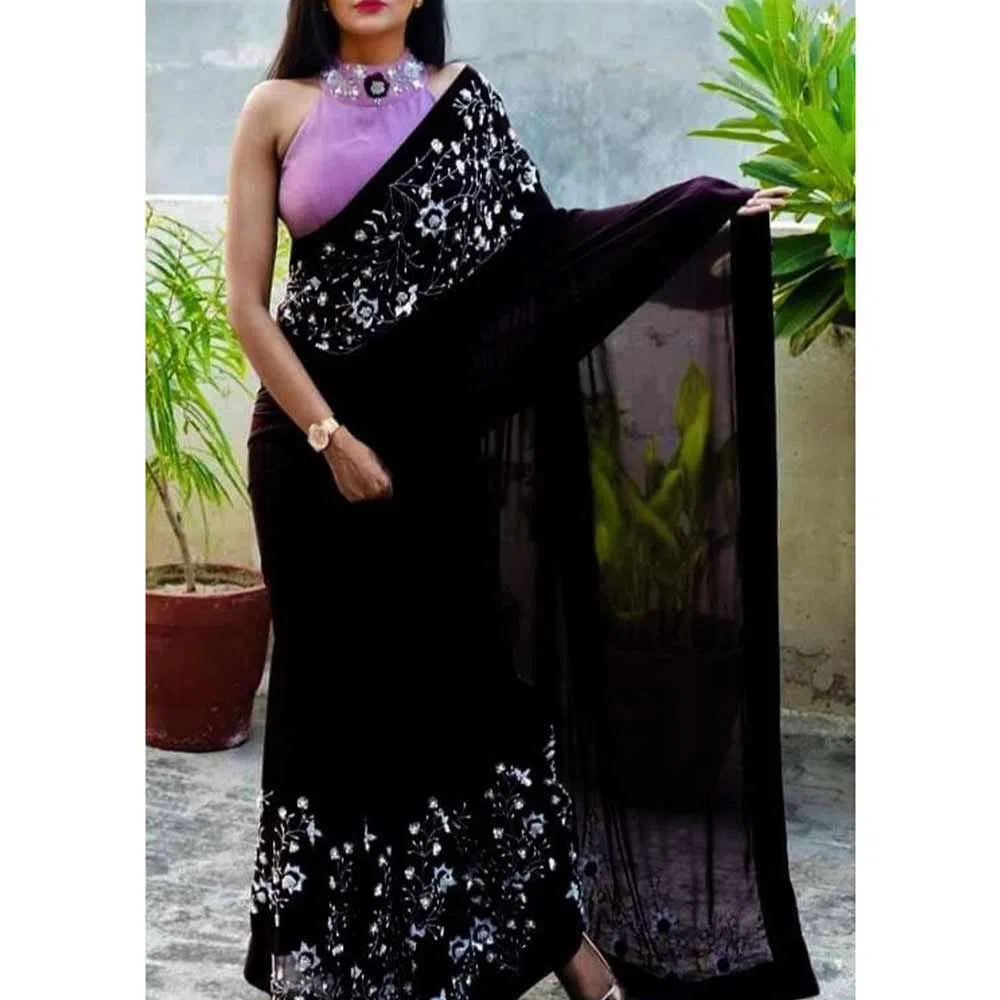Black Color Indian Weightless Georgette Sharee With Blouse pice