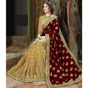 Golden & Maroon Colour Weightless Georgette Saree With Embroidery Work