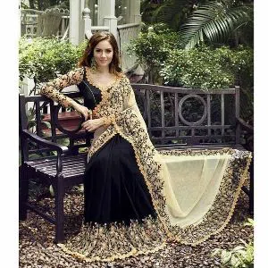 Indian Weightless Georgette Saree With Embroidery Work (Balck & Cream)