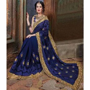 Indian Weightless Georgette Saree With Embroidery Work (Glossy Navy Blue )