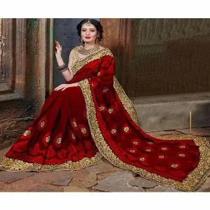 Indian Weightless Georgette Saree With Embroidery Work (Glossy Red)