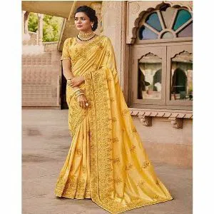 Indian Weightless Georgette Three Pice With Quality Embroidery Work (Yellow)