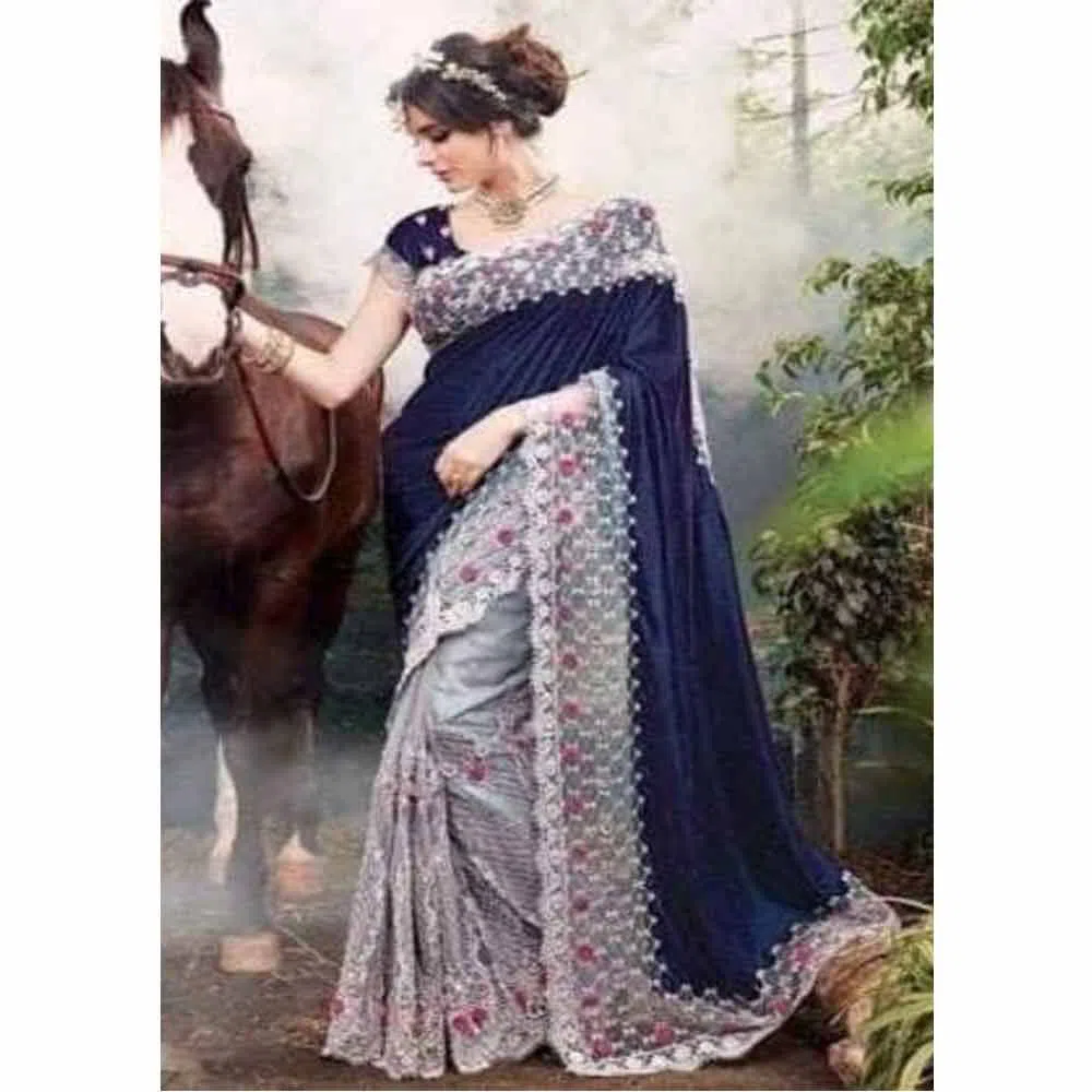 Indian Witless Georgette Sari Embroidery Work With Blouse Pice Navy Blue & White
