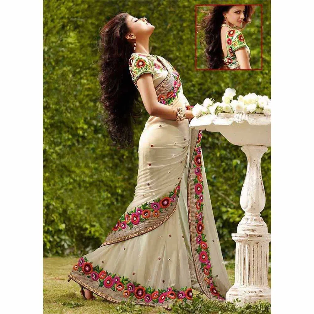 Indian Witless Georgette Sari Embroidery Work With Blouse Pice Cream