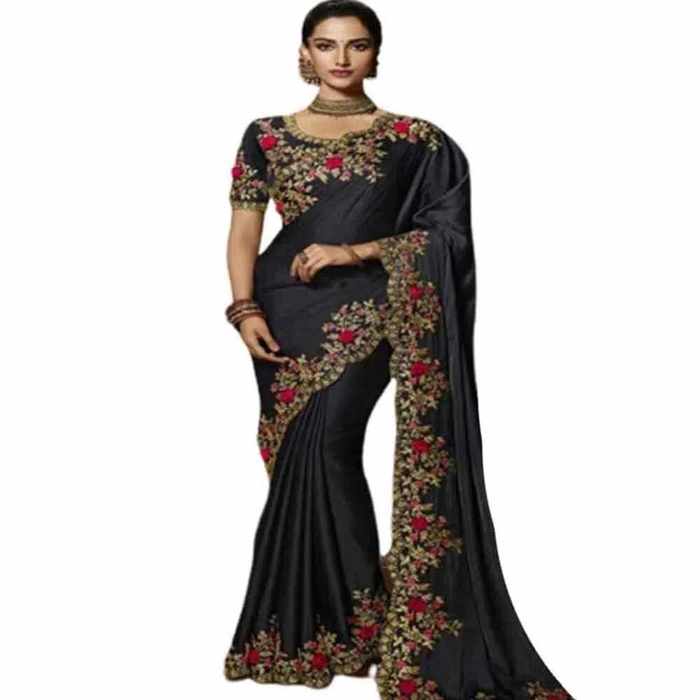 Indian Weightless Georgette Saree With Embroidery Work With Blouse Pice
