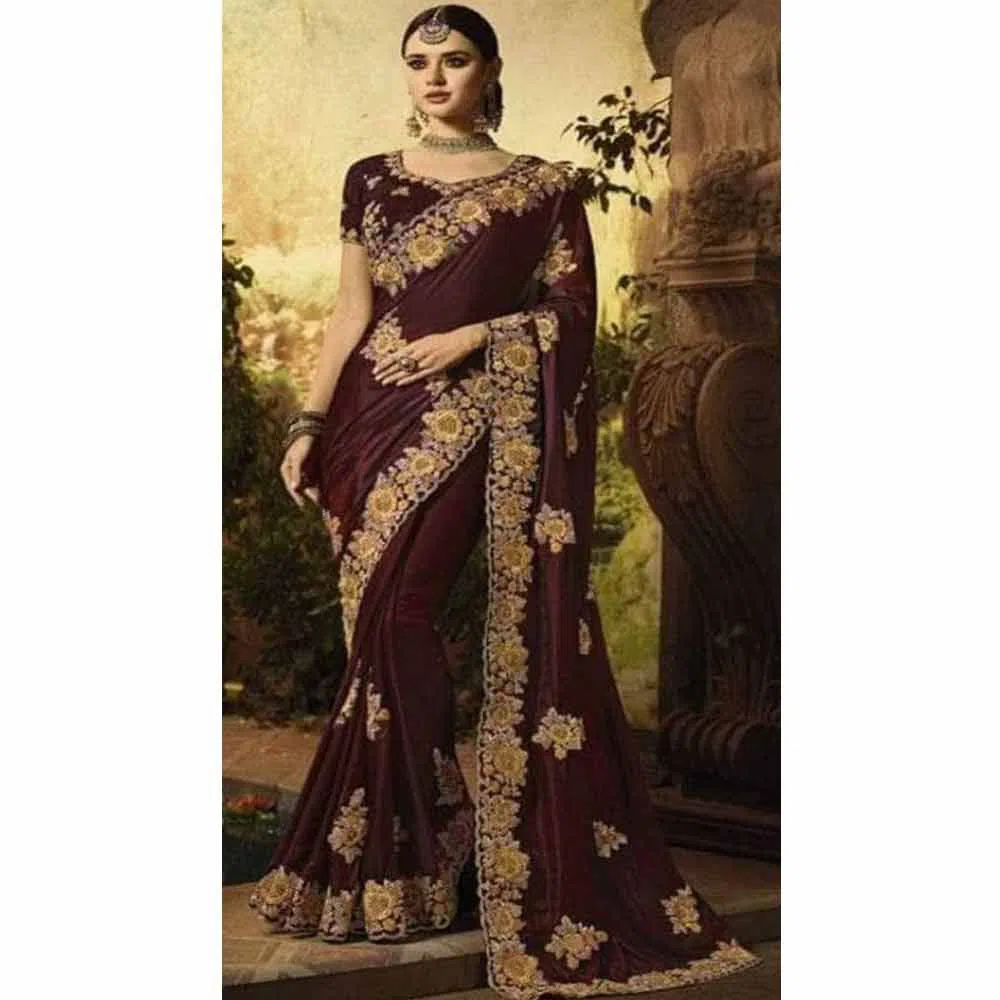 Indian Weightless Georgette Saree With Embroidery Work (Deep Maroon)