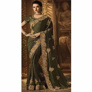 Indian Weightless Georgette Saree With Embroidery Work (Deep Green)