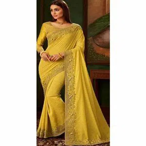 Indian Witless Georgette Sari Embroidery Work With Blouse Pice Yellow