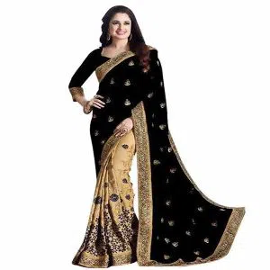 Indian Weightless Georgette Saree With Embroidery Work (Black & Golden)