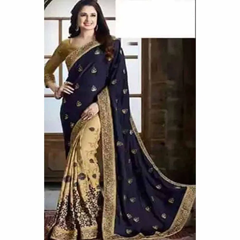 Indian Weightless Georgette Saree With Embroidery Work ( Navy Blue &  Golden)