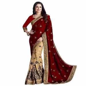 Indian Weightless Georgette Saree With Embroidery Work ( Maroon & Golden)