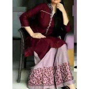 Maroon Colour Linen Ladies Long Indian woman Casual Kurti two pice (C3)