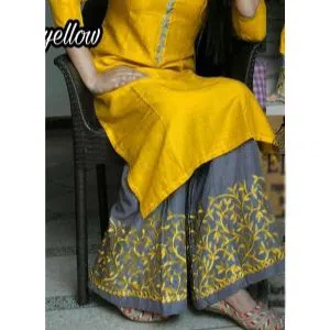 Yellow Colour Linen Ladies Long Indian woman Casual Kurti two pice (C3)