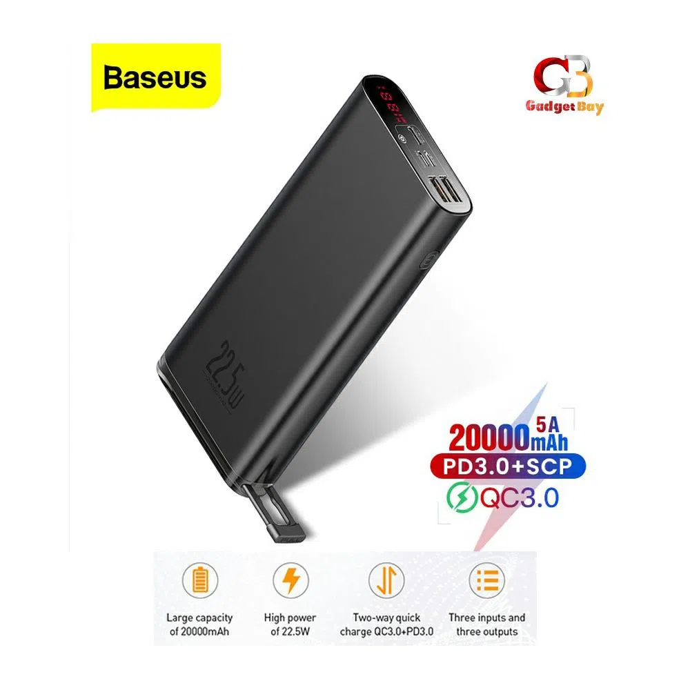 Baseus Power Bank PPXCA-20000mAh SCP PD USB Quick Charge 3.0 3 Inputs 3 Outputs 22.5W Starlight Digital Display Powerbank-Black