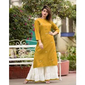 Un-Stitched Long Indian Linen Two Piece Kurti (Yellow)
