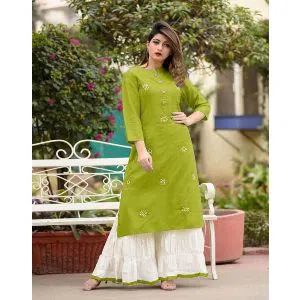 Un-Stitched Long Indian Linen Two Piece Kurti (Green)