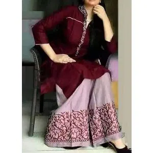 Un-Stitched Long Indian Linen Two Piece Kurti (Maroon)