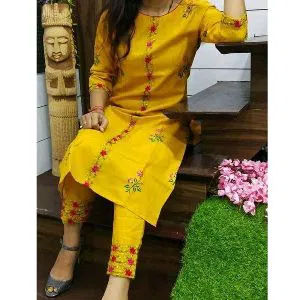 Unstitched Long Indian Linen Two Piece Kurti (Yellow)