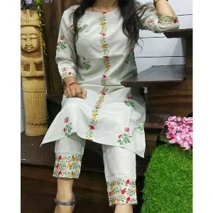 Unstitched Long Indian Linen Two Piece Kurti (White)