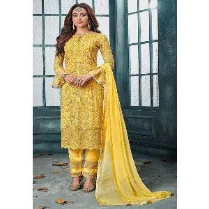 Indian Weightless Georgette Colour Three Pice With High Quality Embroidery Work (Yellow)