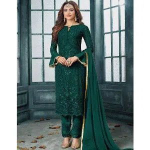 Indian Weightless Georgette Colour Three Pice With High Quality Embroidery Work (Deep Green)