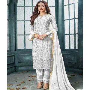 Indian Weightless Georgette Colour Three Pice With High Quality Embroidery Work (White)