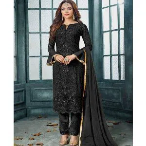 Indian Weightless Georgette Colour Three Pice With High Quality Embroidery Work (Black)