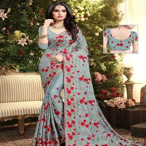Indian Weightless Georgette Saree With Embroidery Work (Blouse Piece Included) (Ash)